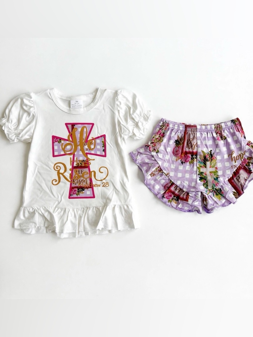 Lilac Floral Cross Kids Matching Set - White Top & Purple Shorts